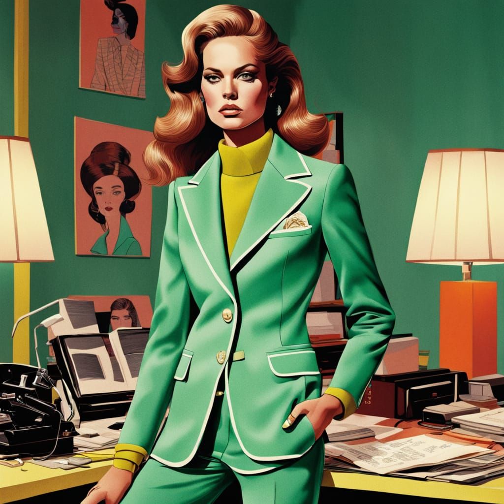 1970s Fashion Model in Green Leisure Suit in Retro Office