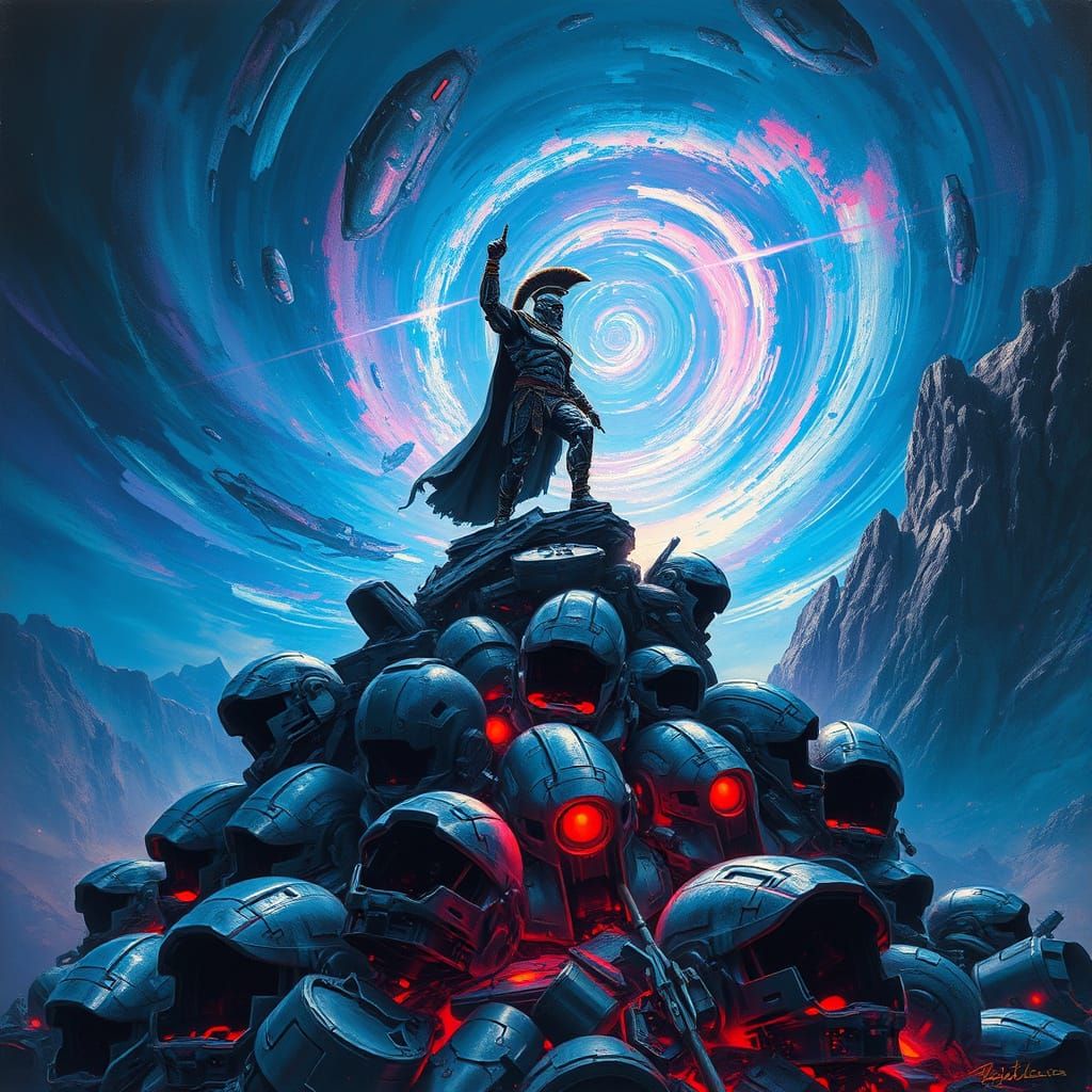 Futuristic Spartan Victorious Over Robot Mountain