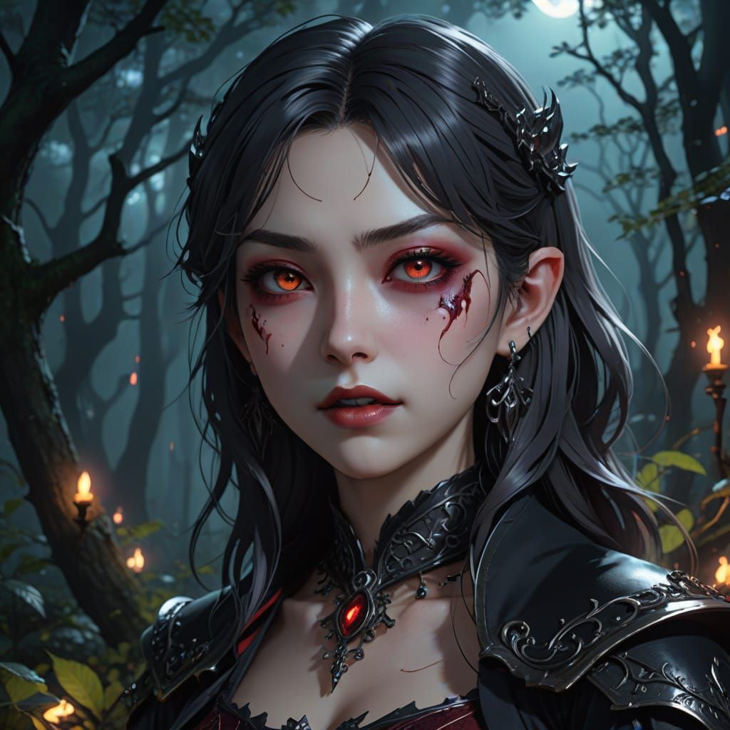 Ethereal Vampire Goddess in Neon-Lit Mist