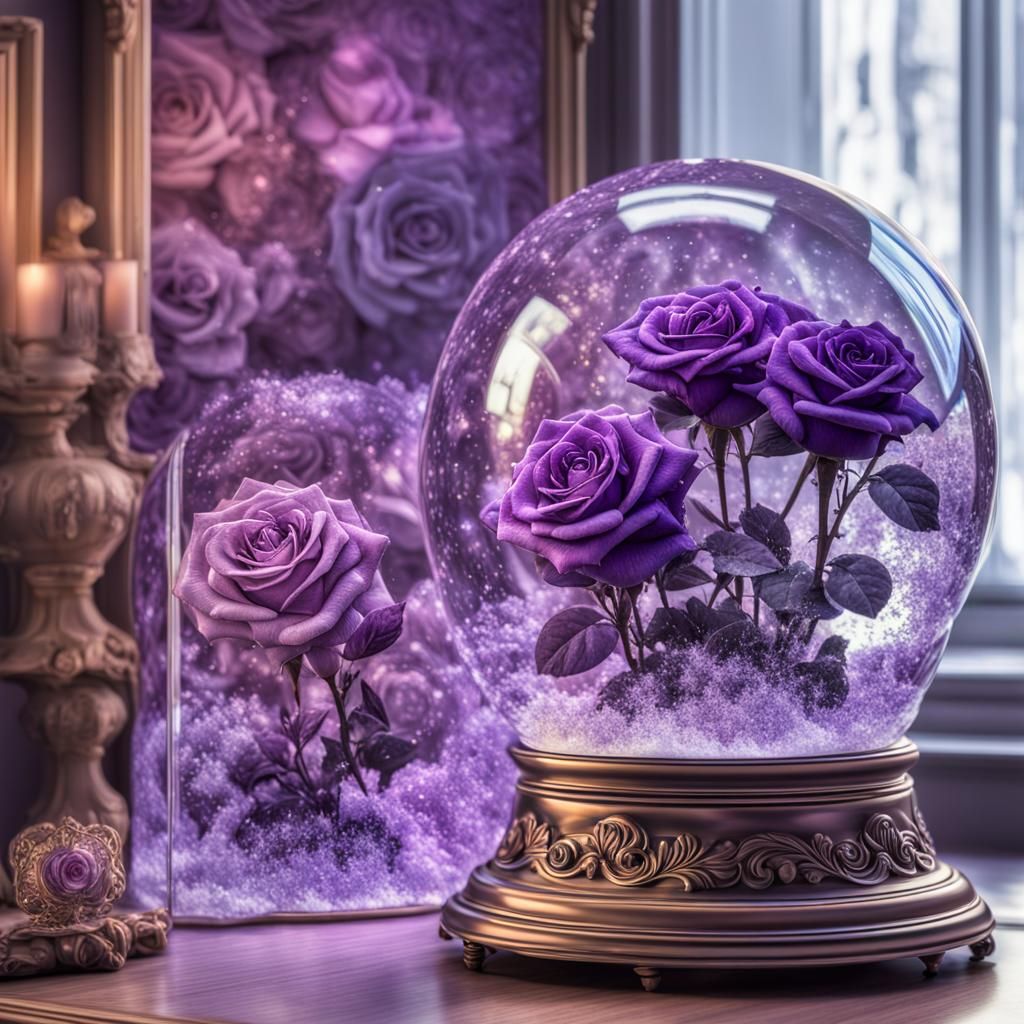 Holographic Roses in Snowglobe: Iridescent Purple Art