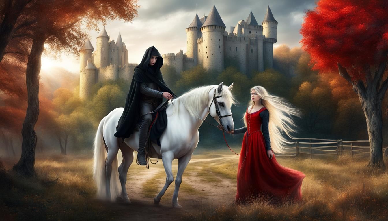 A beautiful snow-white horse with a red bridle and saddle. A...