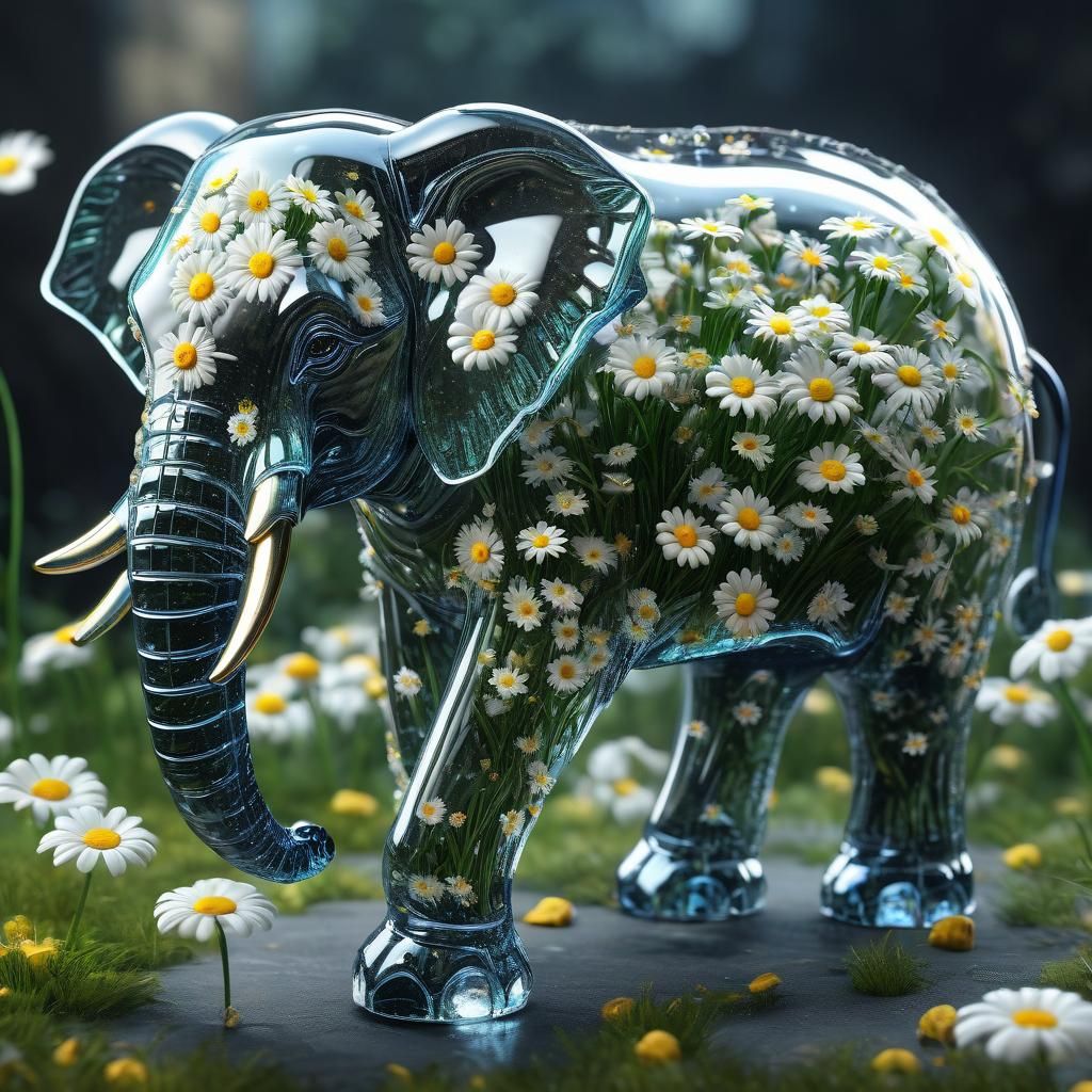 Glass Elephant Filled with Daisies: Detailed Matte Painting