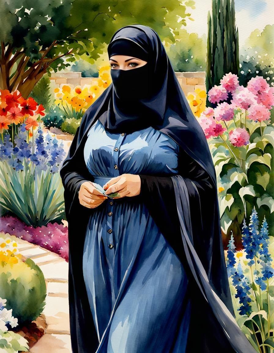 Beautiful Niqabi Teacher in Botanical Garden Watercolor
