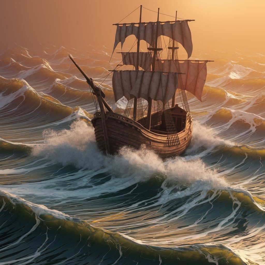 Ship Battling Turbulent Ocean Waves in a Golden Sunset