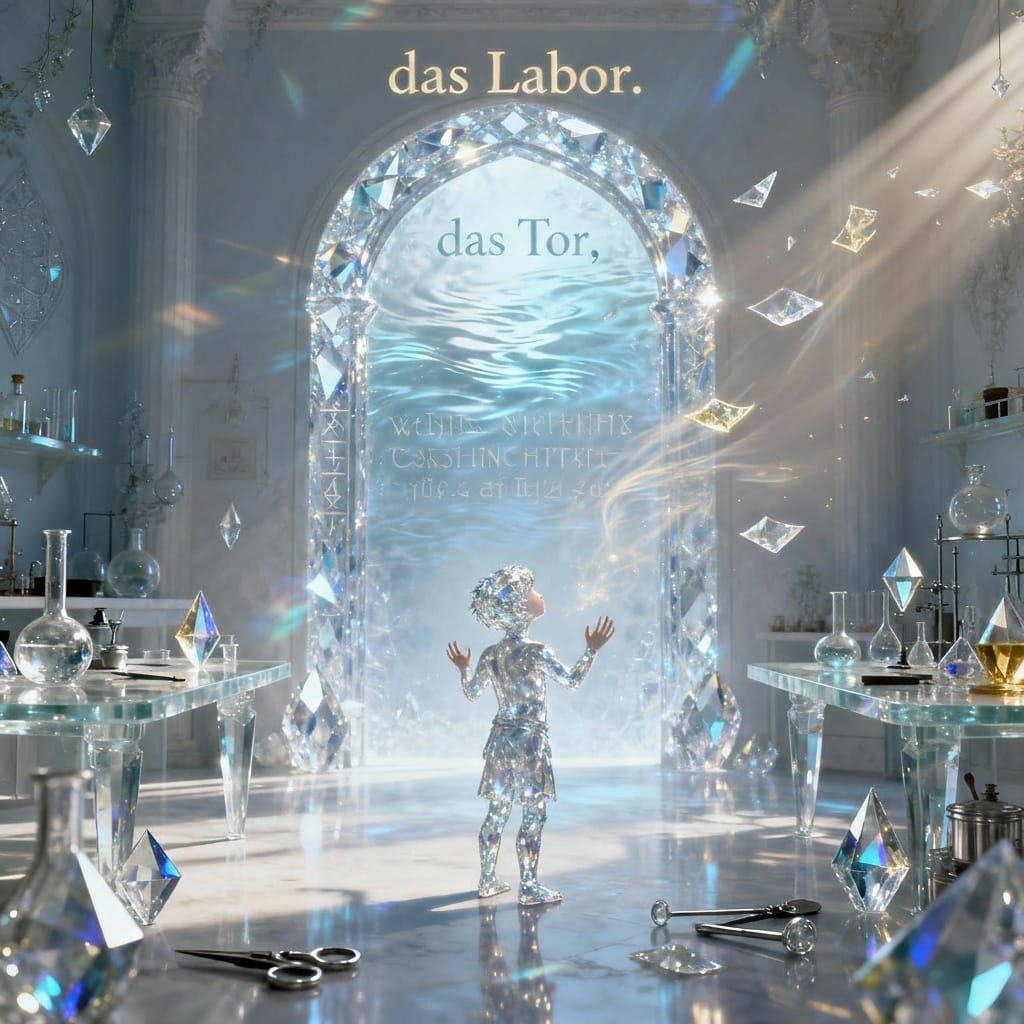 Crystal Child Gazes at Glowing Rune Gate in Ethereal Lab