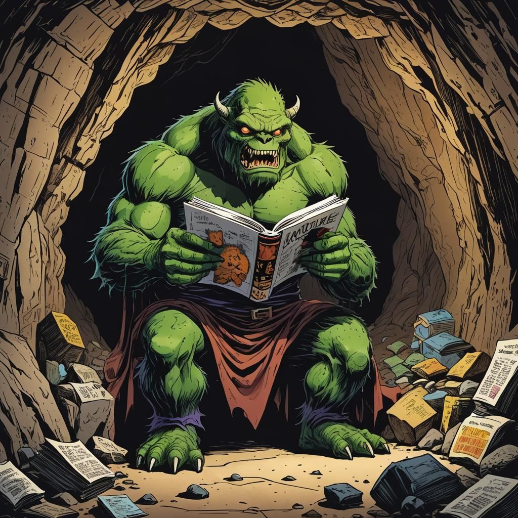 Monster Reading Comic Book in Cave