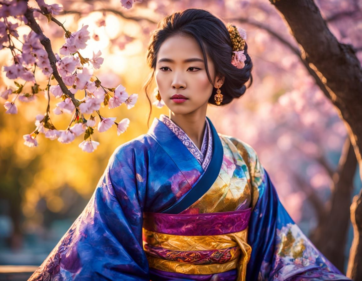 Elegant Asian Woman in Royal Blue Kimono Under Cherry Blosso...
