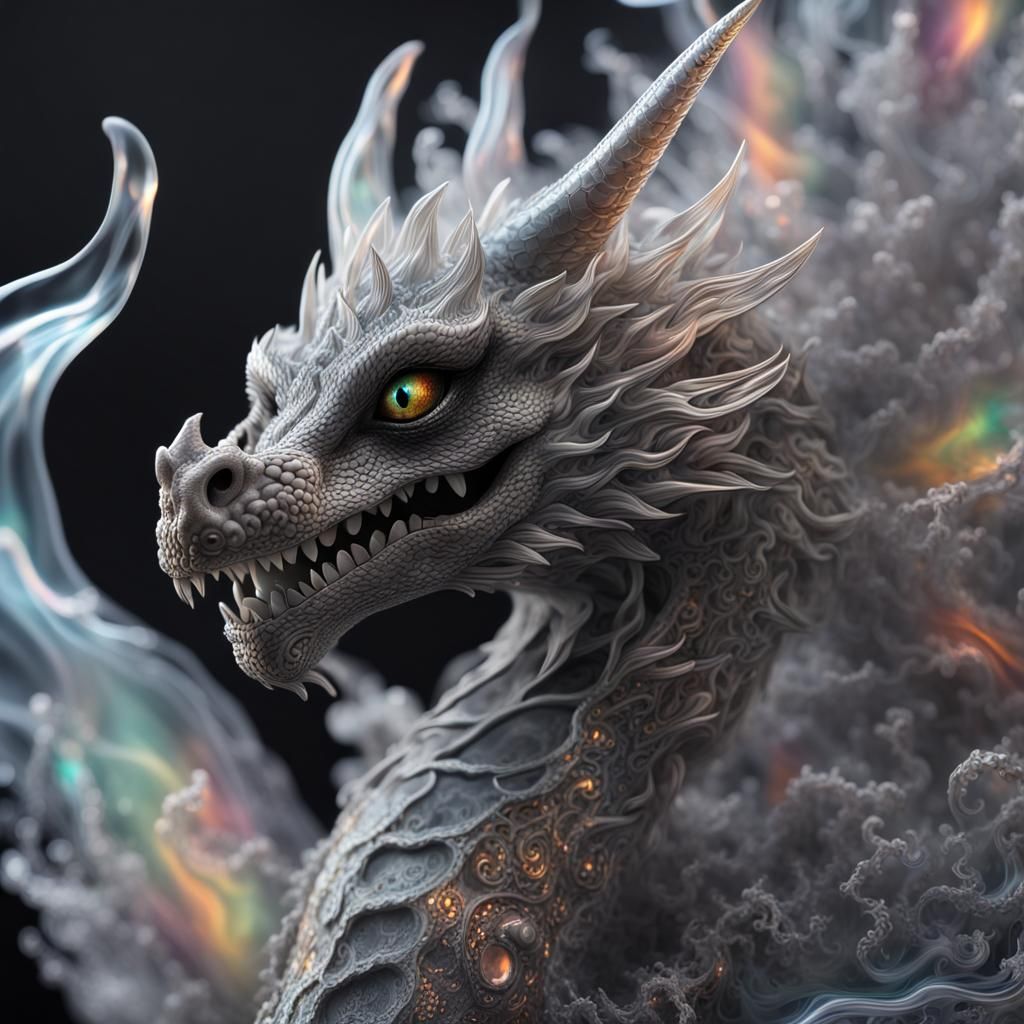 Psychedelic Crystal Dragon in Smoke and Flames