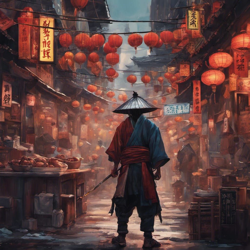 Street Samurai in Chinatown: Hyperrealistic Concept Art