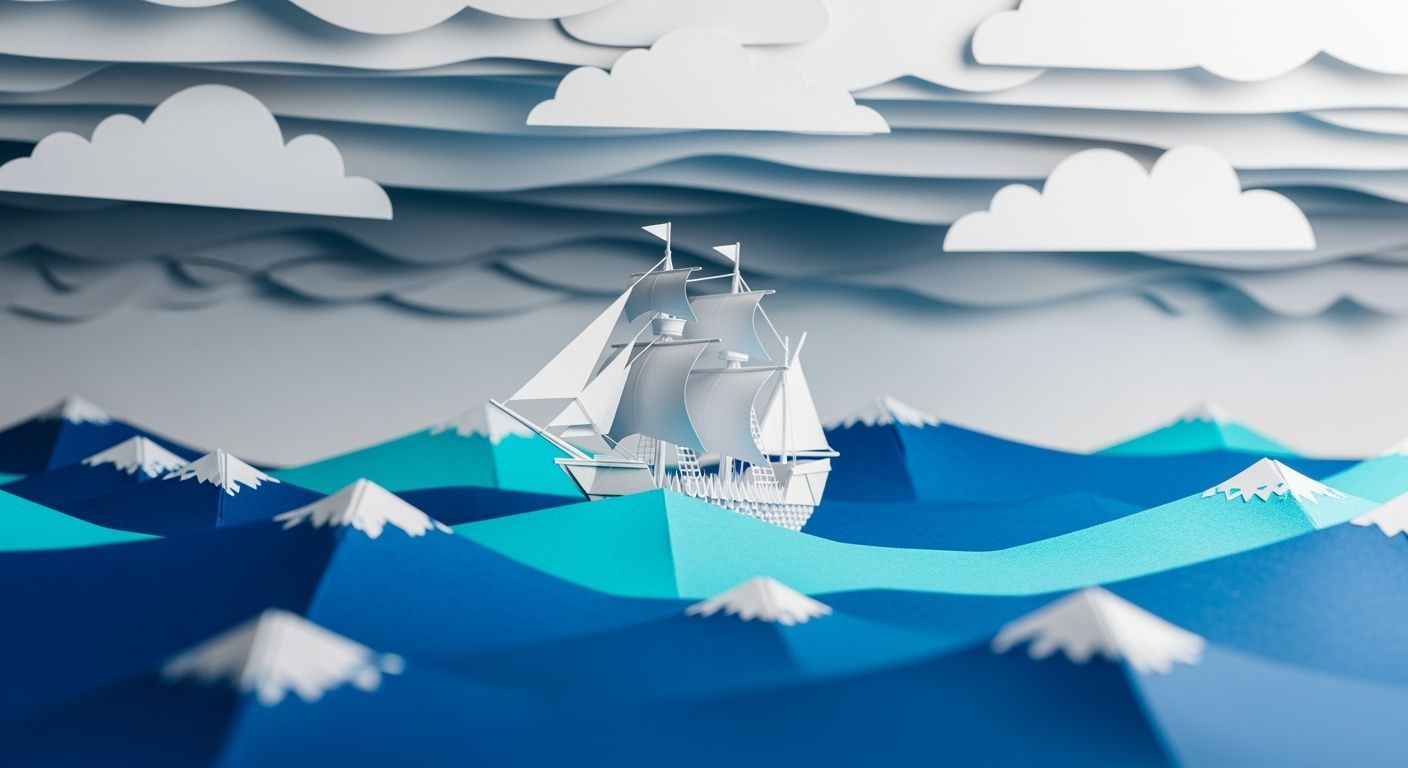 Origami Galleon Navigates Stormy Paper Sea