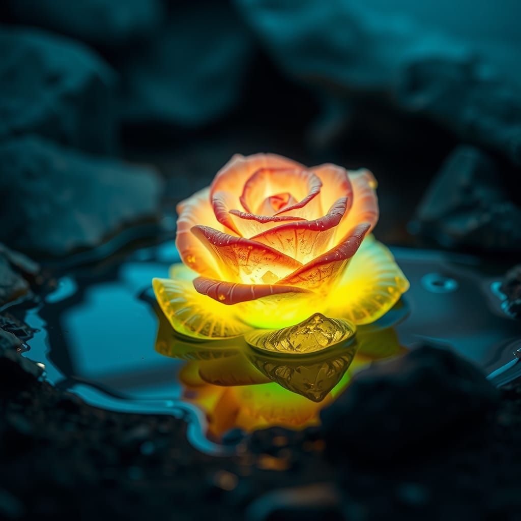 Luminescent Crystal Rose Reflected in Water