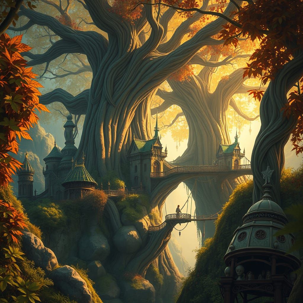 Epic Fantasy Tree City in Soft Whimsical Light