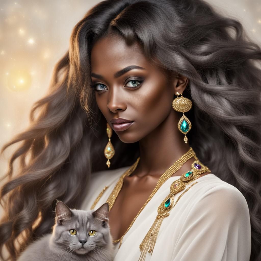 Woman with Jeweled Cat: High Resolution Digital Art