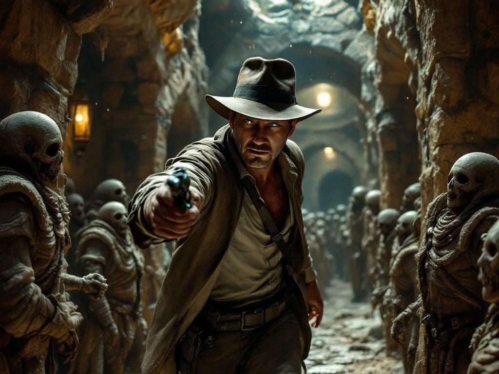Indiana Jones and Mummies in Hyperrealistic Tomb