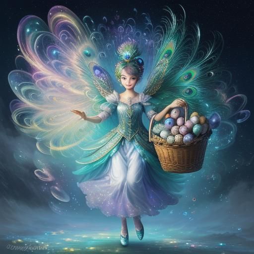 Luminescent Peacock Fairy Carries Iridescent Easter Eggs