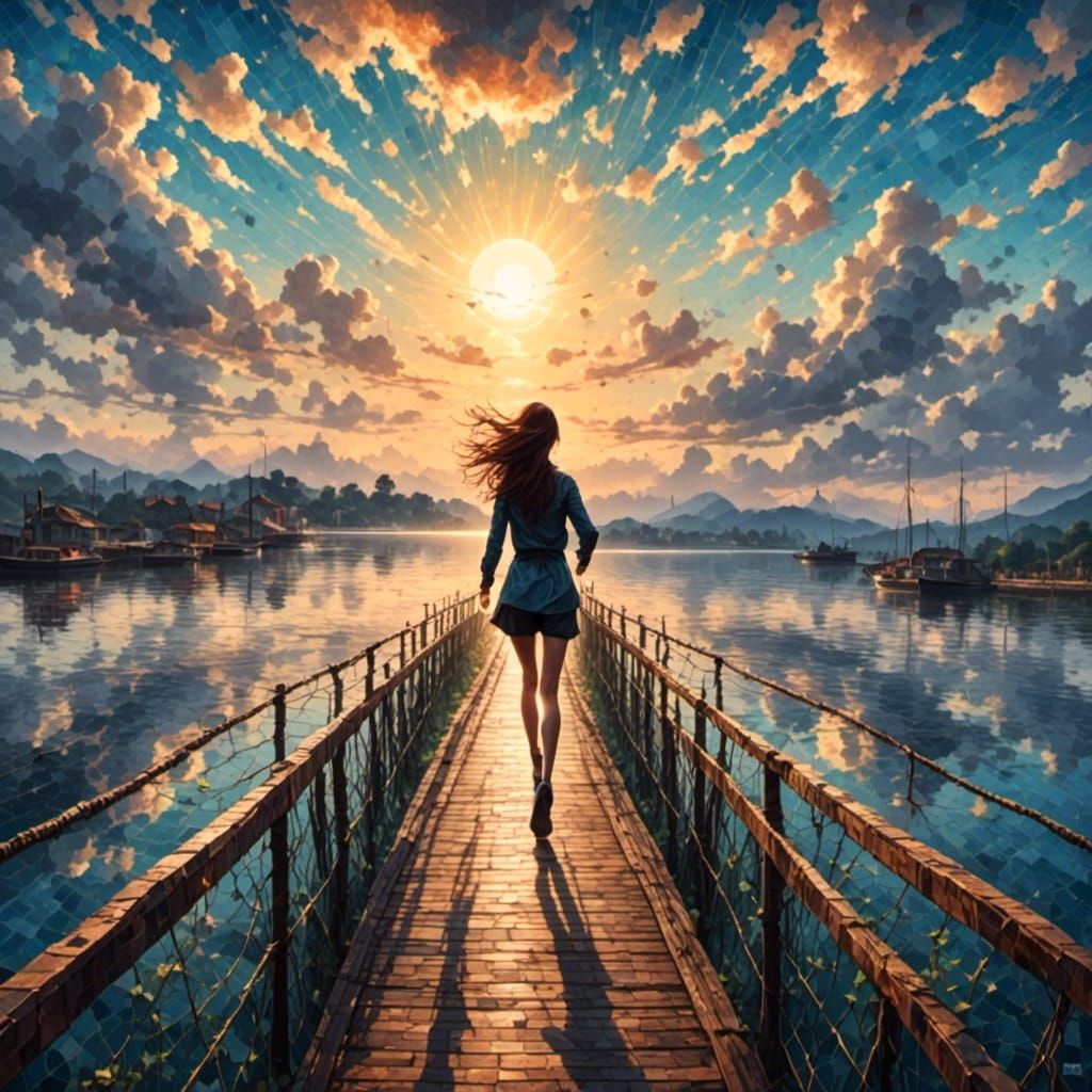 Woman Runs on Boat Dock in Sunlight