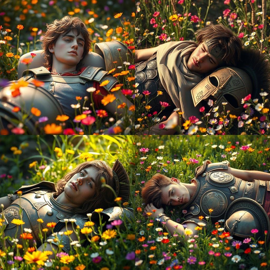 Ancient Greek Warrior Amidst Vibrant Wildflowers in Fresco S...