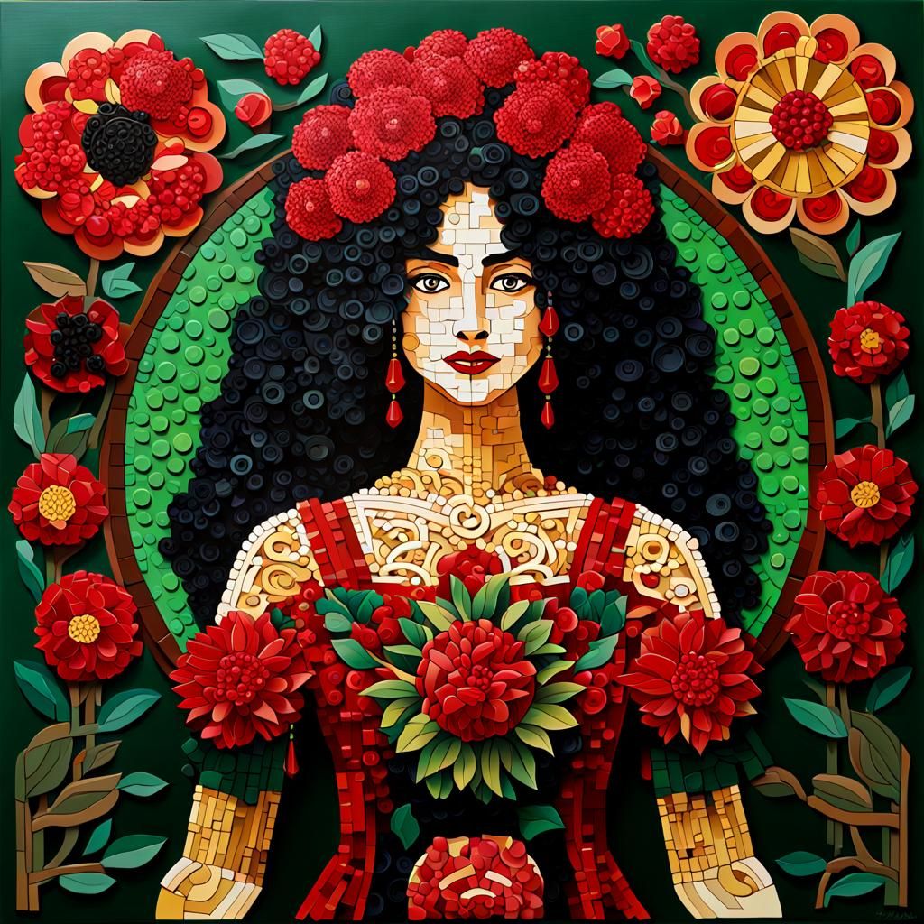 Art Nouveau Lego Woman with Flowers and Pomegranate