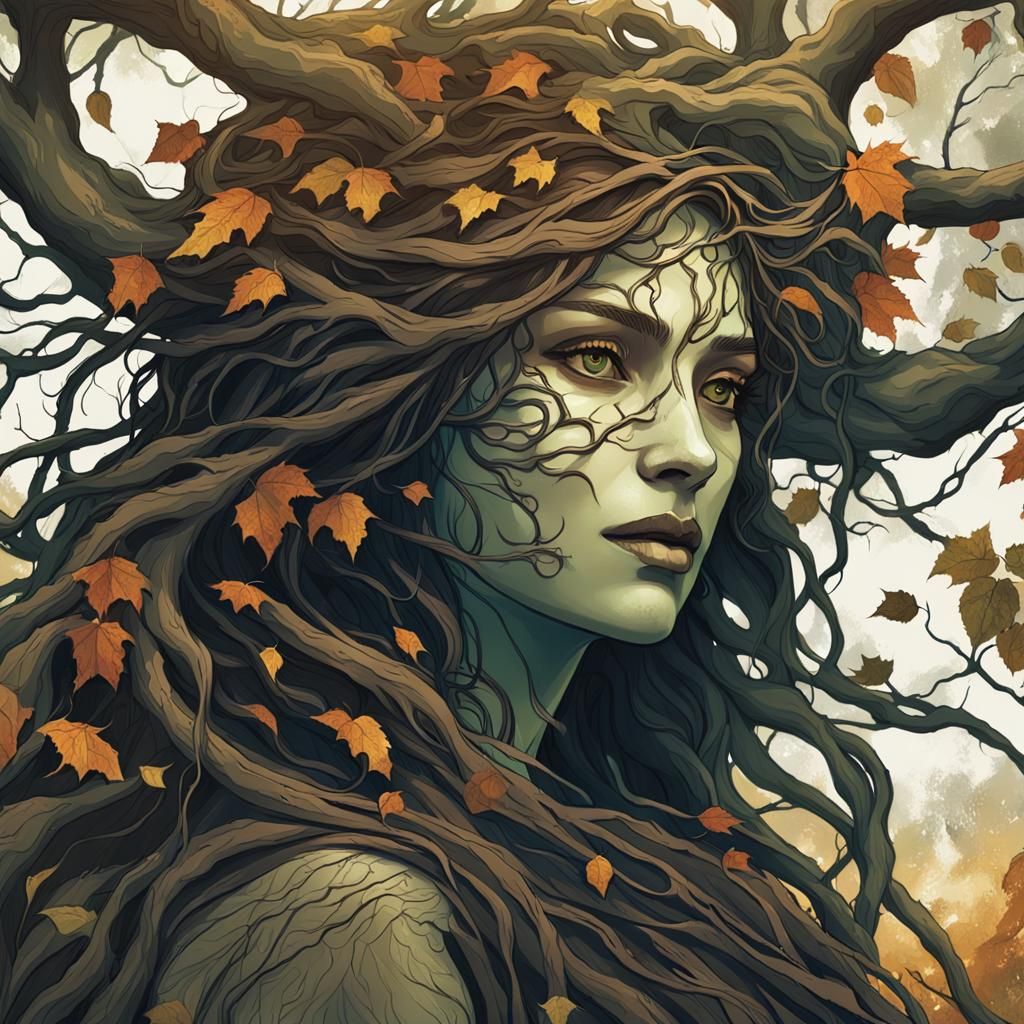 Regal Autumn Dryad in Dark Fantasy Forest