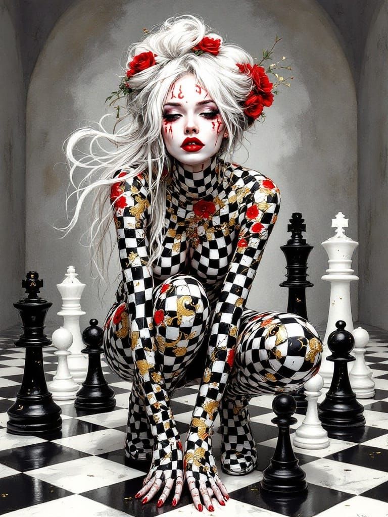 Vibrant Abstract Portrait of a Mysterious Figure in a Chessb...