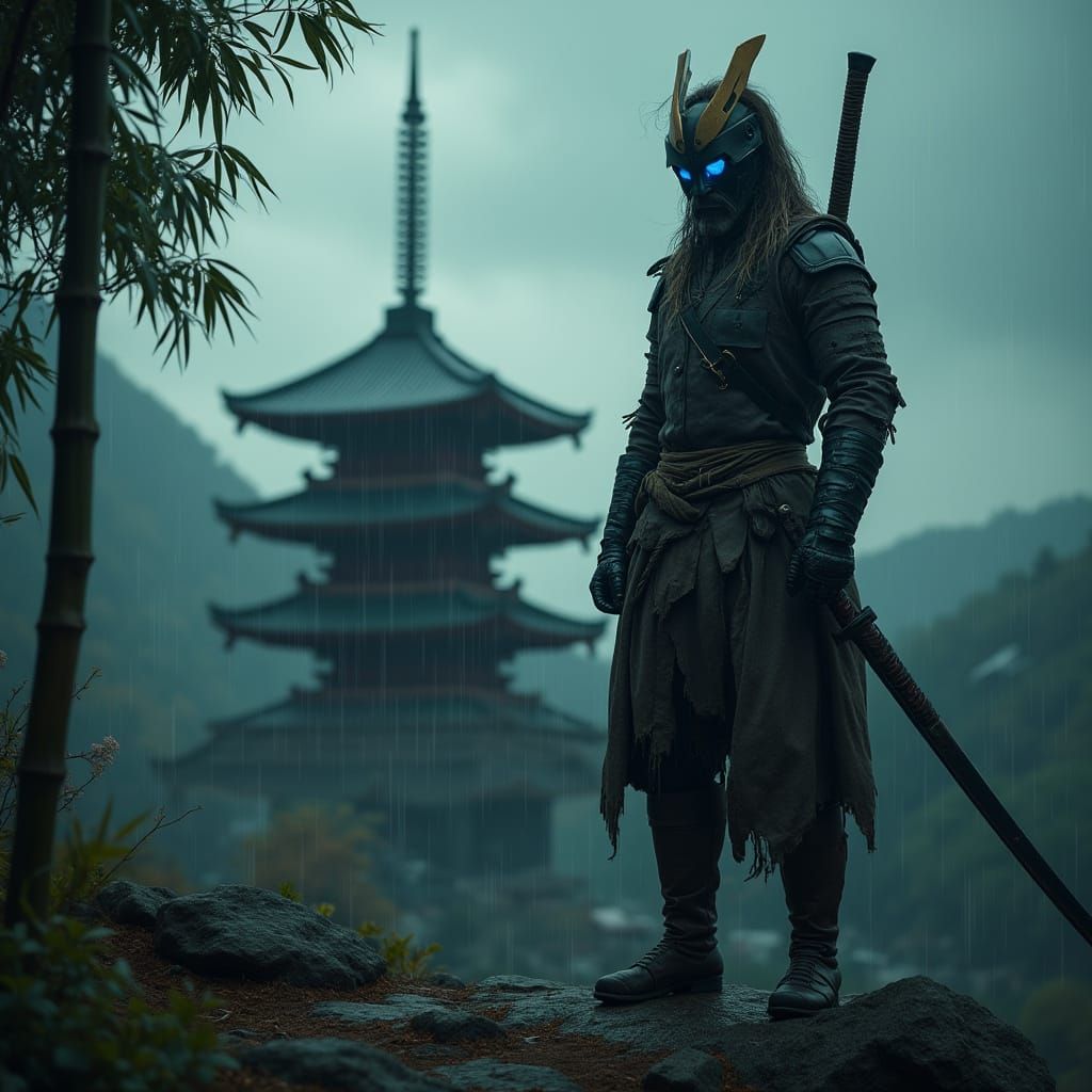 Cybernetic Samurai in Film Noir Setting