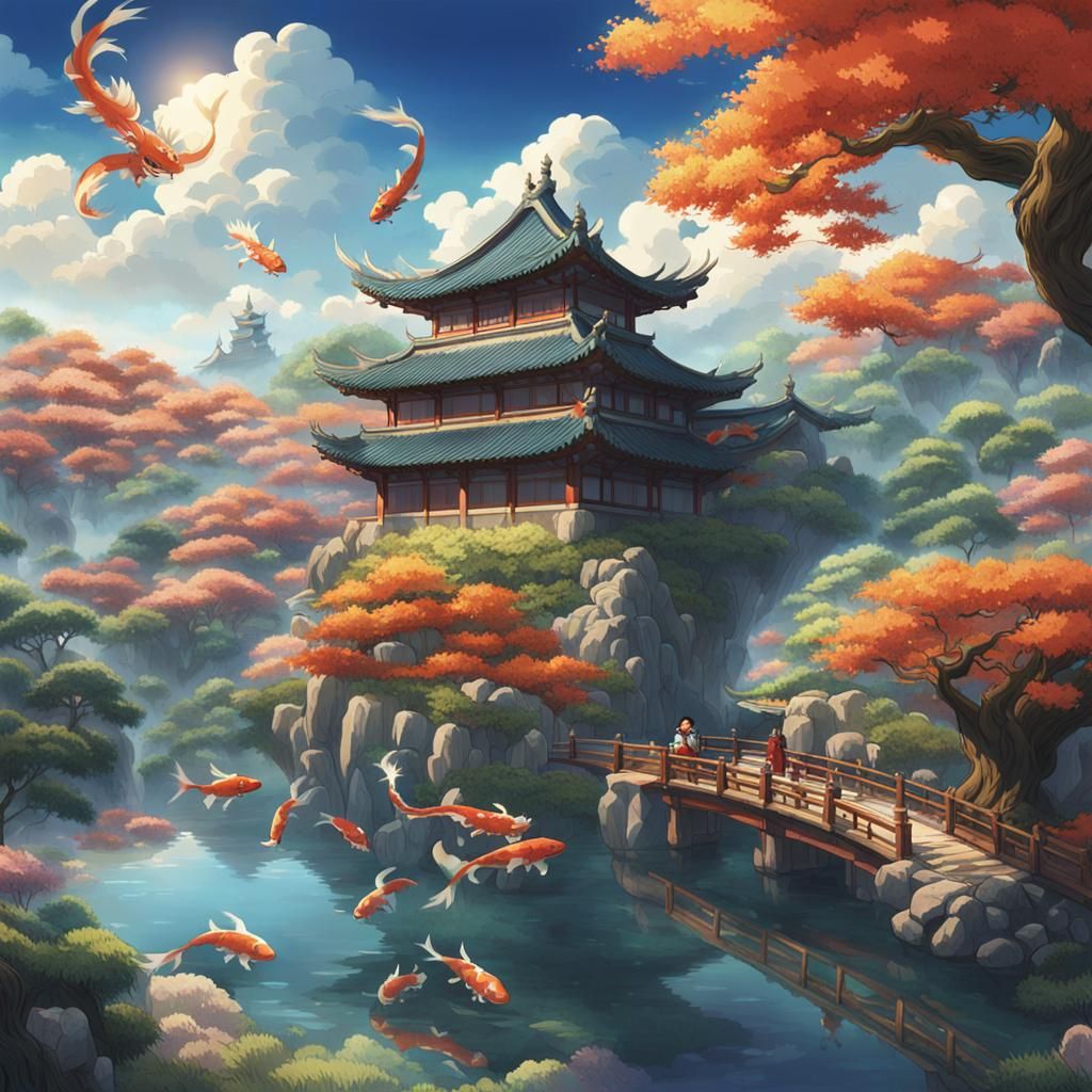 Mystical Dragon and Koi in Japanese Garden