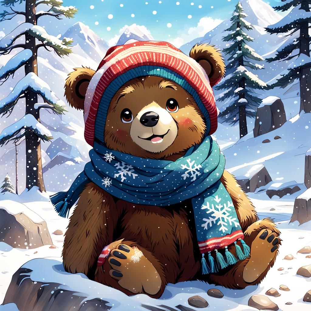 Anime Stuffed Bear in Winter Wonderland