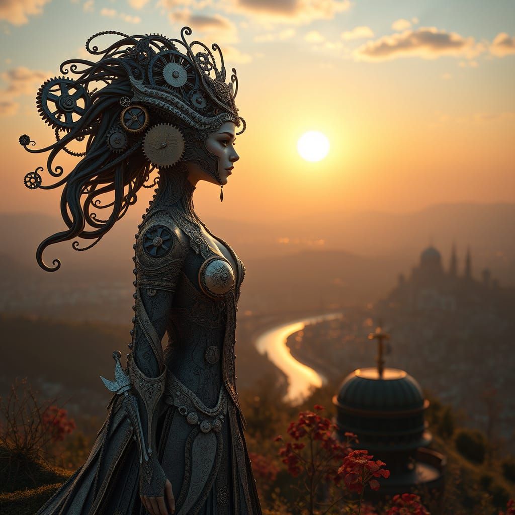 Steampunk Clockwork Lady Overlooking City, Art Nouveau Style