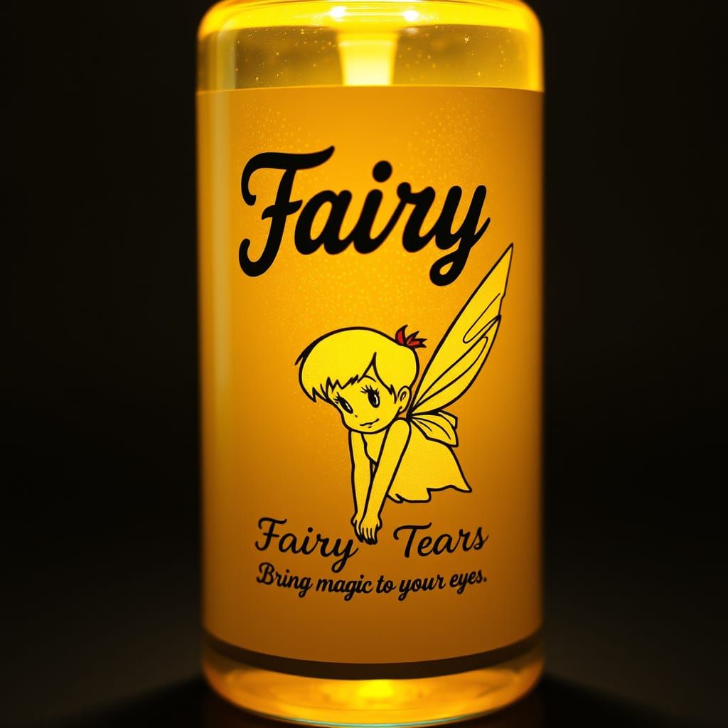 Golden Beauty Bottle with Cursive Label and Sad Tinkerbell