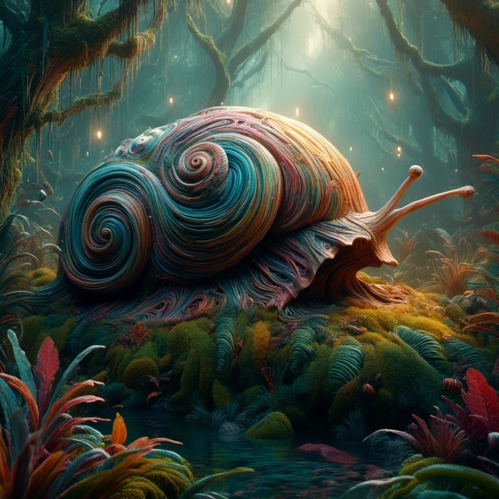 Giant Snail in Mystical Forest: Surrealist Fantasy