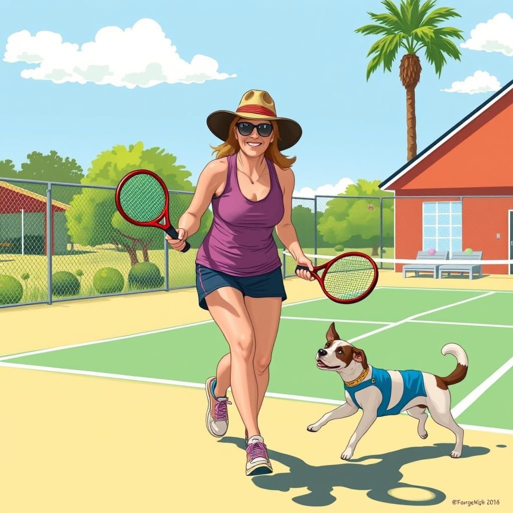 Woman and Pet Play Pickleball in Vibrant Style