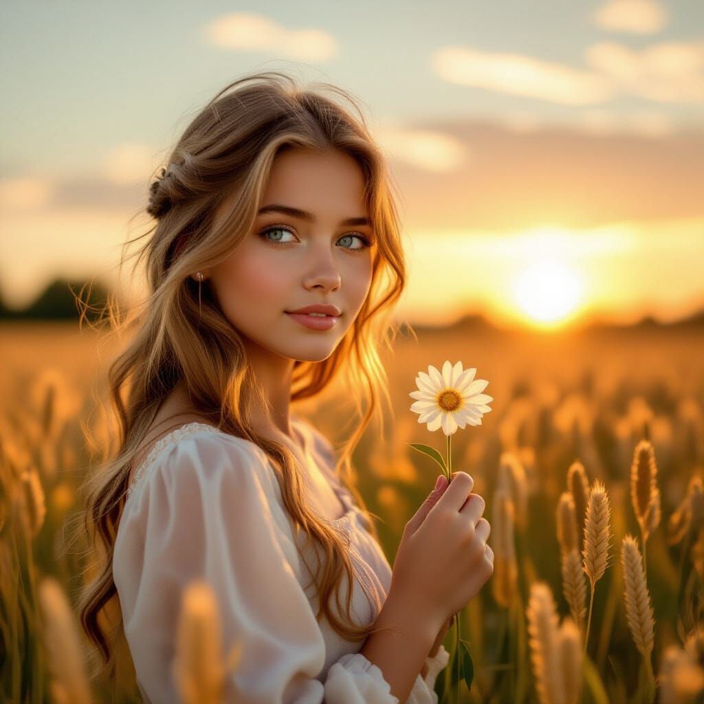 Blonde Girl in Wheat Field: Pre-Raphaelite Sunset
