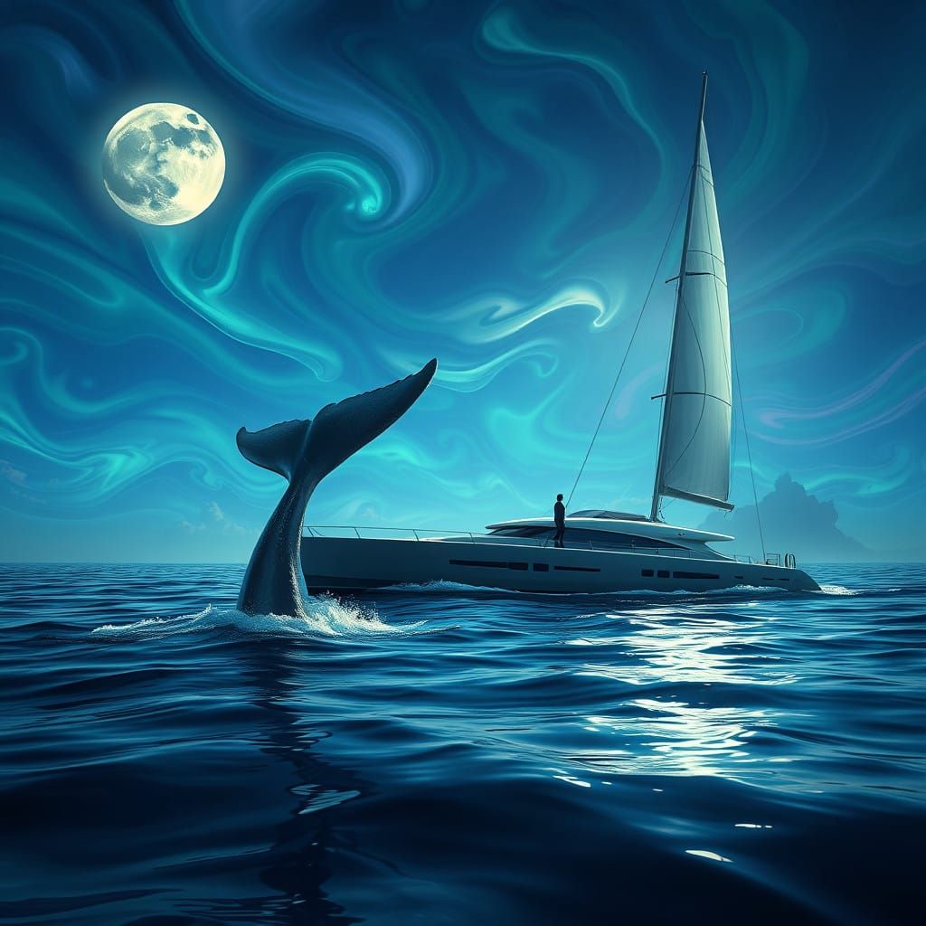 Moonlit Whale Encounter in a Dreamlike Oceanic Realm