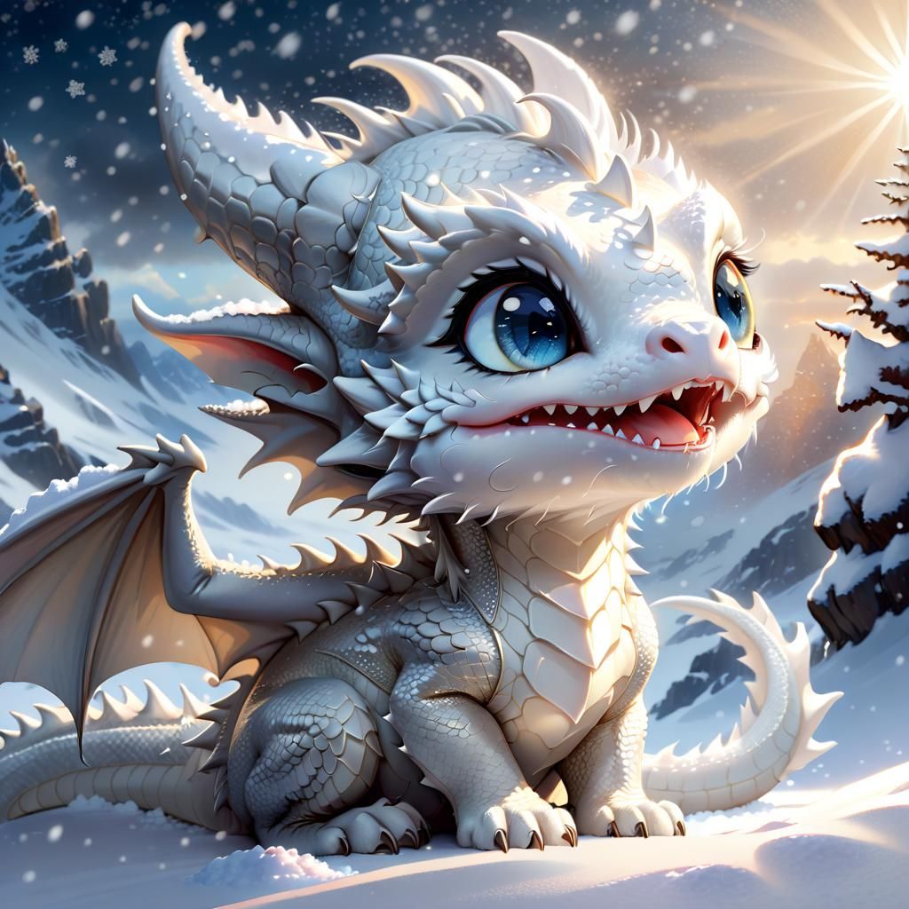 Adorable White Dragon in Snow, Anime Style