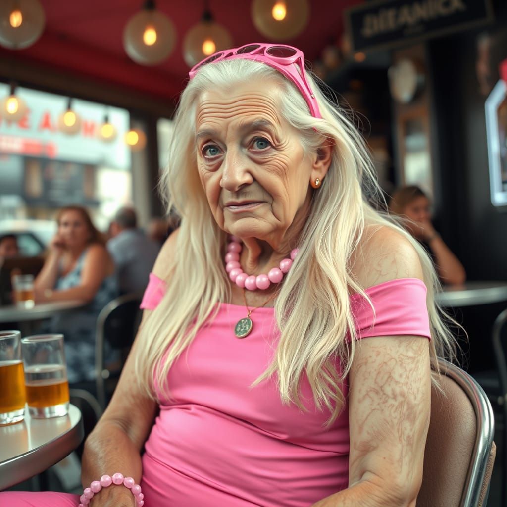 Elderly Transvestite in Pink Dress, Surreal Cafe Scene