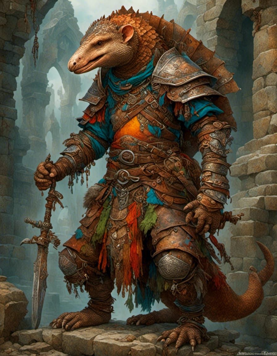 <lora:Char Design SDXL:1.0> <lora:CaldwellVision:1.0> Bulky Pangolin warrior wearing bright colorful leather armor. phot...