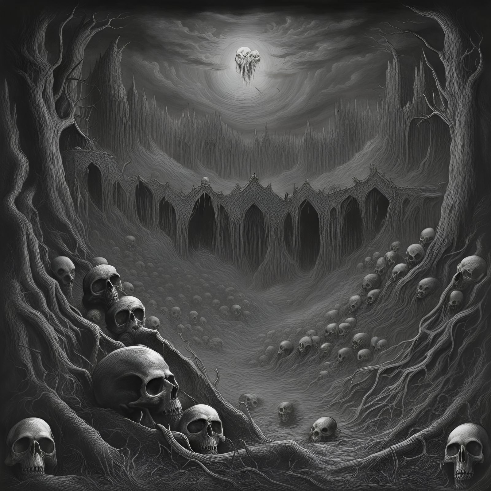Infernal Landscape with Skulls and Celtic Patterns