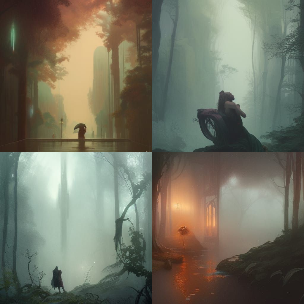 Liminal space through mist and rain, Splash art by Greg Rutkowski detailed matte painting 8k resolution concept art Jord...