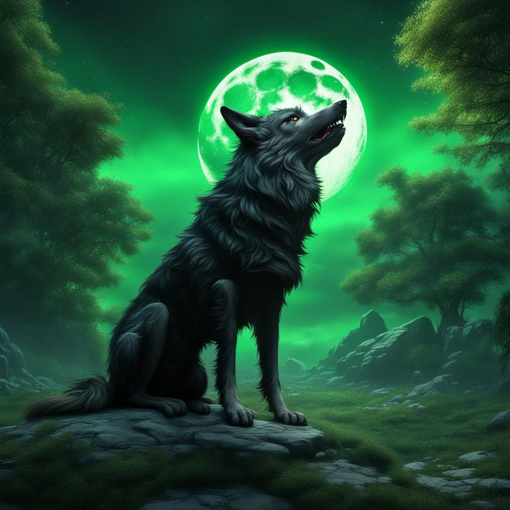 Wolf and Dog Howling at Moon in Fantasy Art