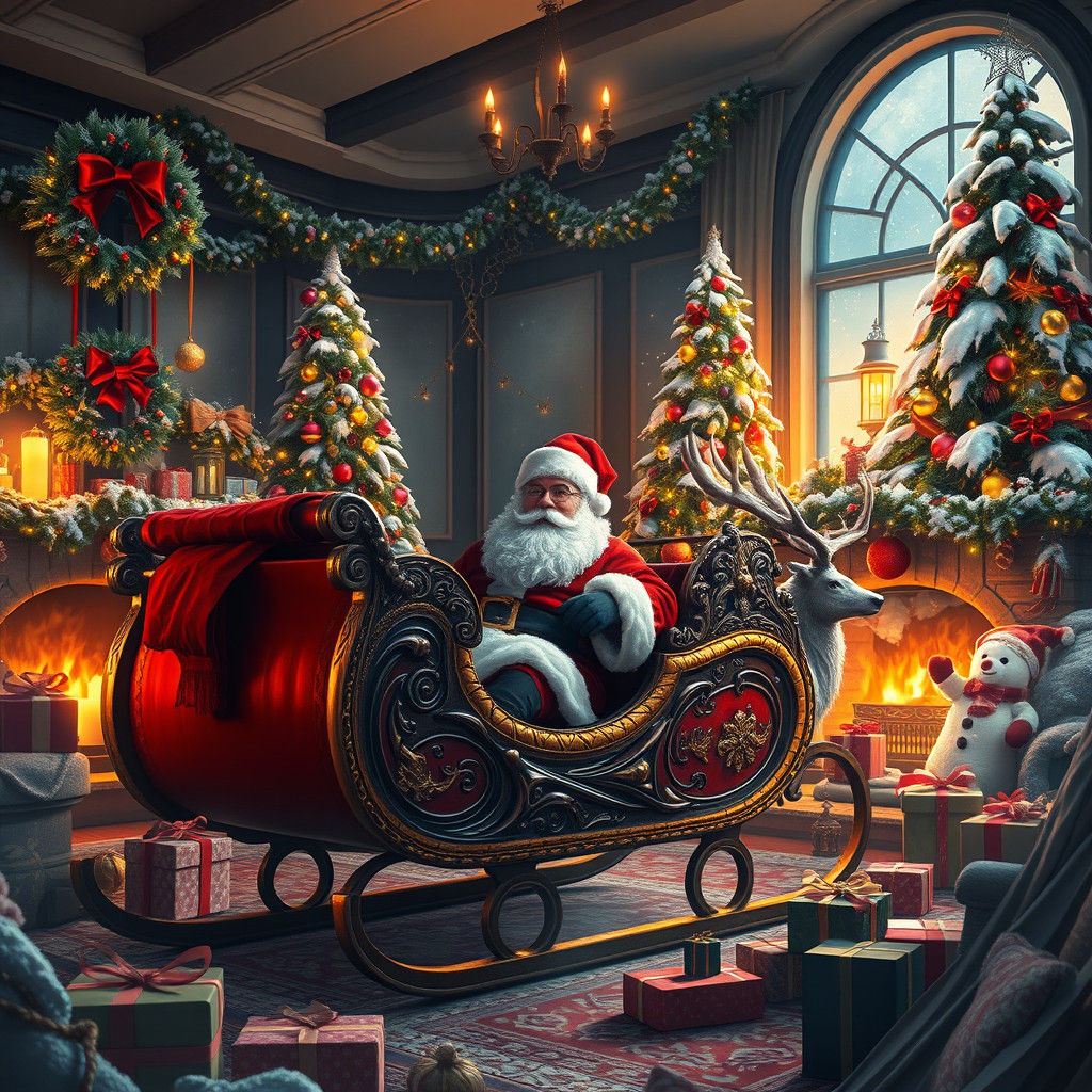 Santa in Sleigh Amidst Christmas Decorations