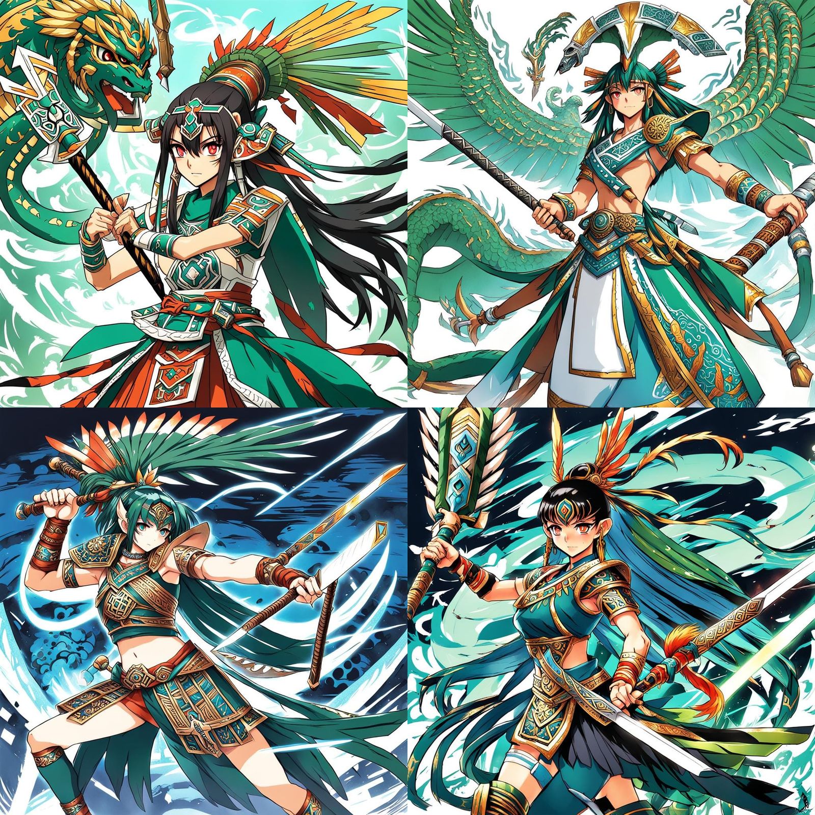Quetzalcoatl as Anime-Style Female Warrior with Macuahuitl