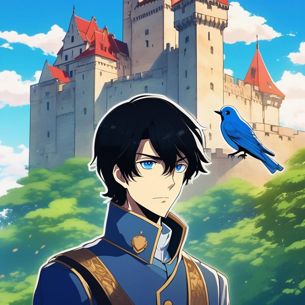 Anime Prince with Black Hair in Front of Castle
