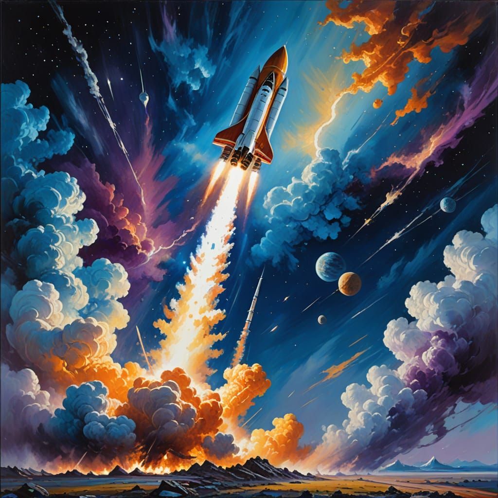 Vibrant Space Art Depicting a Rocket Ship Departing Earth