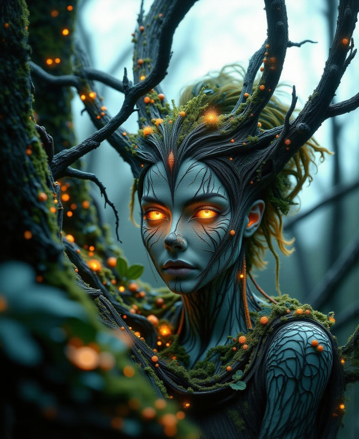 Ethereal Forest Nymph in Dark, Vibrant Hues