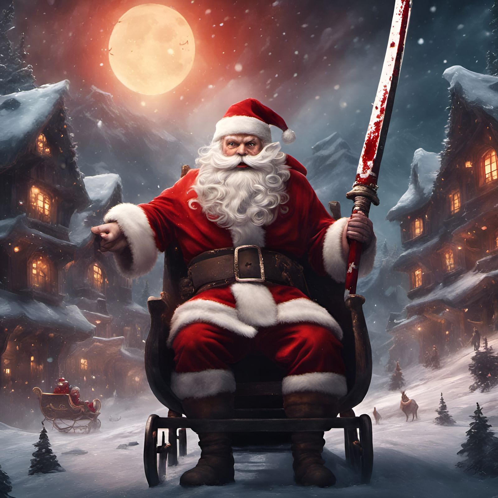 Santa Claus with Katana Sword in Sleigh