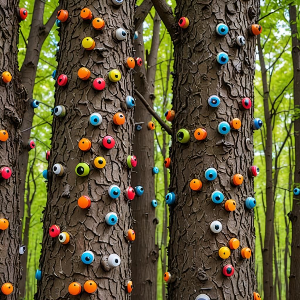 googly eyes on trees in a bright colorful forest