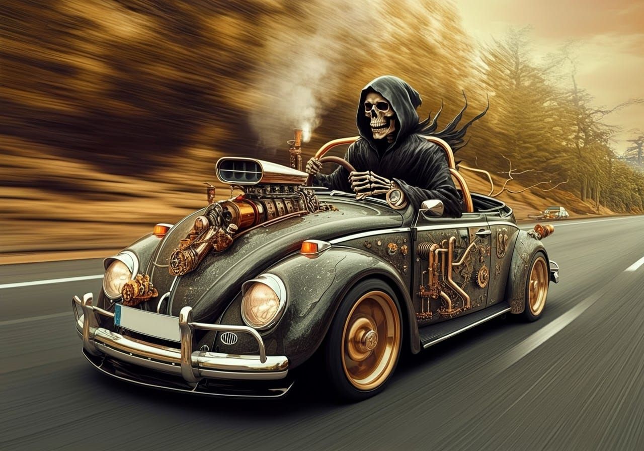 Grim Reaper driving a futuristic supercar.