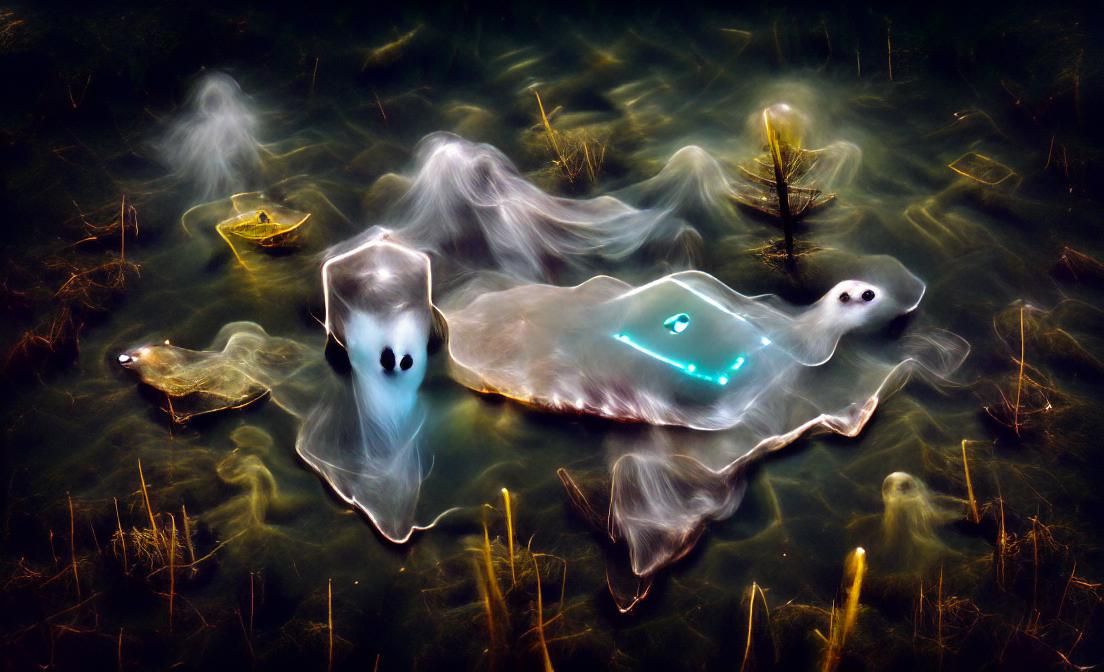 Ethereal Ghost Floating on Misty Lake