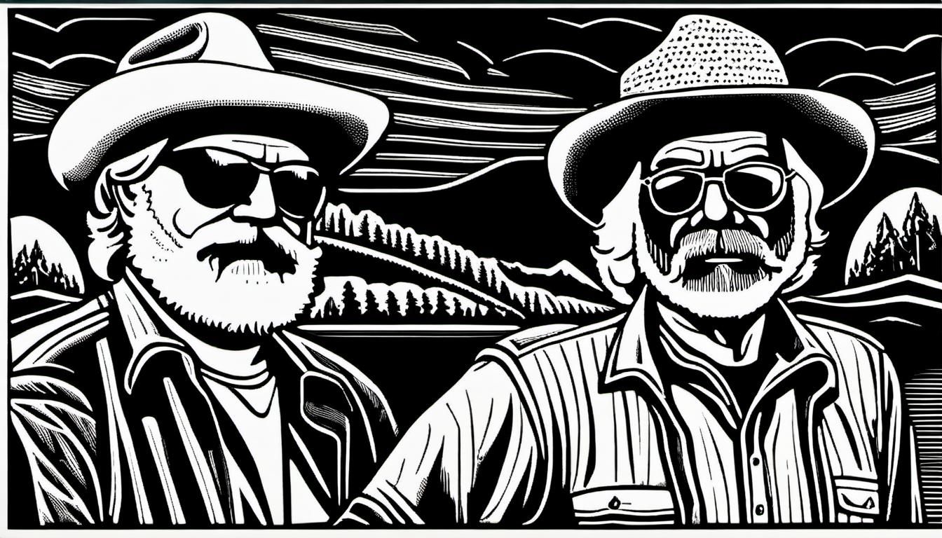 Nick Offerman and Bernie Sanders as Cheech and Chong. Woodcut, linocut