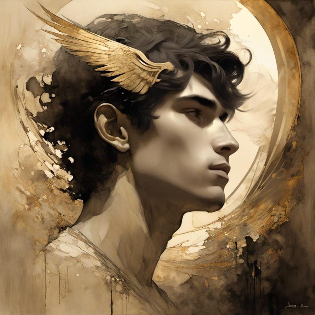 Celestial Boy Portrait with Wings in Art Nouveau Style